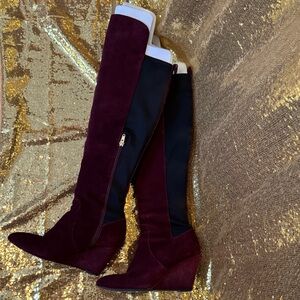 Charles David Burgundy Suede Knee-High Wedge Boots